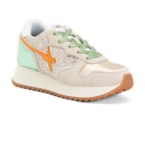 W6yZ Women's Jet-W Suede Sneaker Cream Multicolor Metallic & Glitter Size 38 NEW